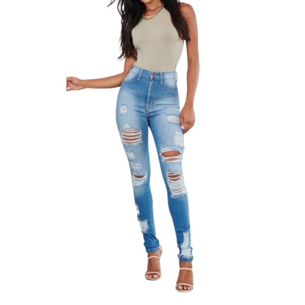 Distressed ripped high rise medium wash jeans fashion nova akira shein